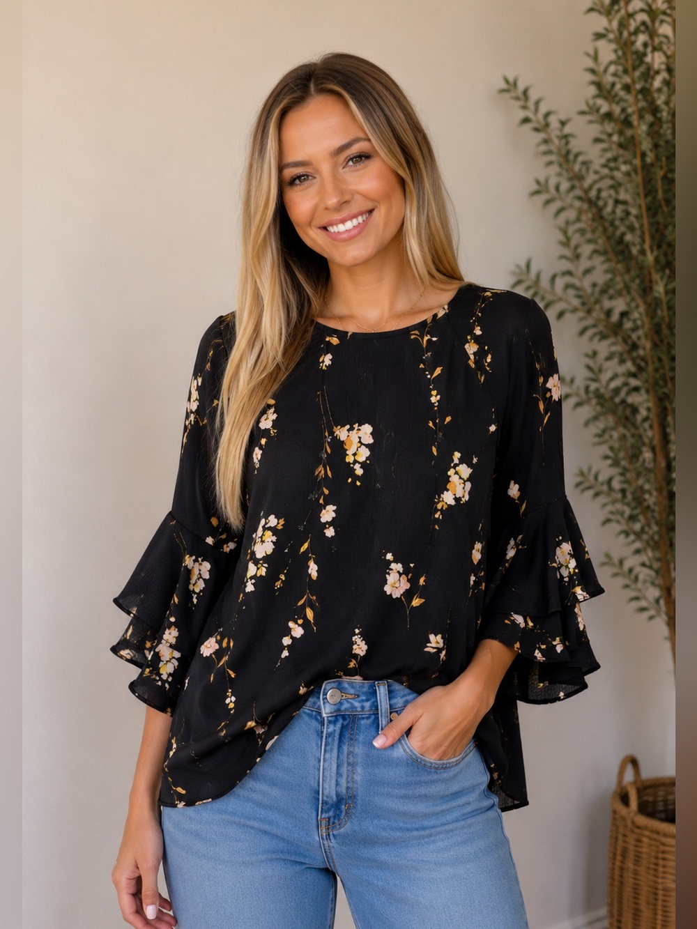 LC Lauren Conrad Black Floral Bell Sleeve Blouse Size Small